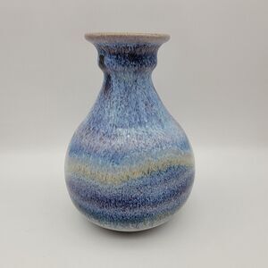 Vintage Signed Handmade Blue Ombre Glazed Clay Pottery Small Bud Flower Vase